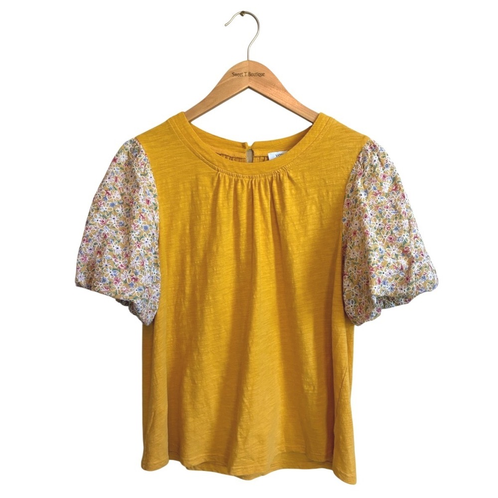 VOY Women Large 100% Cotton Embroidered Floral Bubble Sleeve Boho Top Feminine